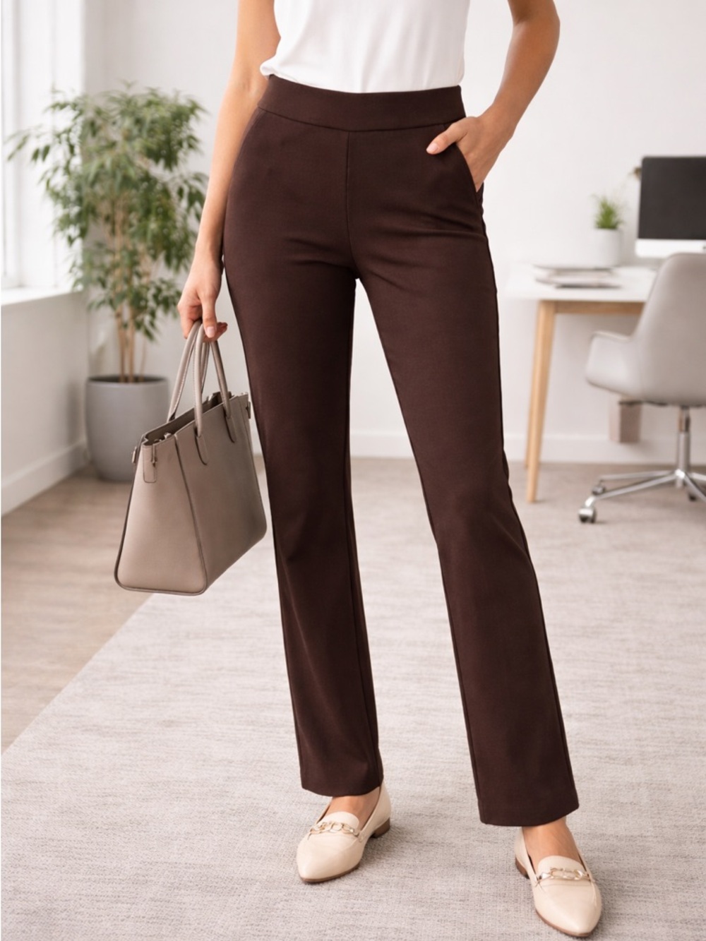 Express Brown Pull On Pants Slim Straight Career Stretch size medium